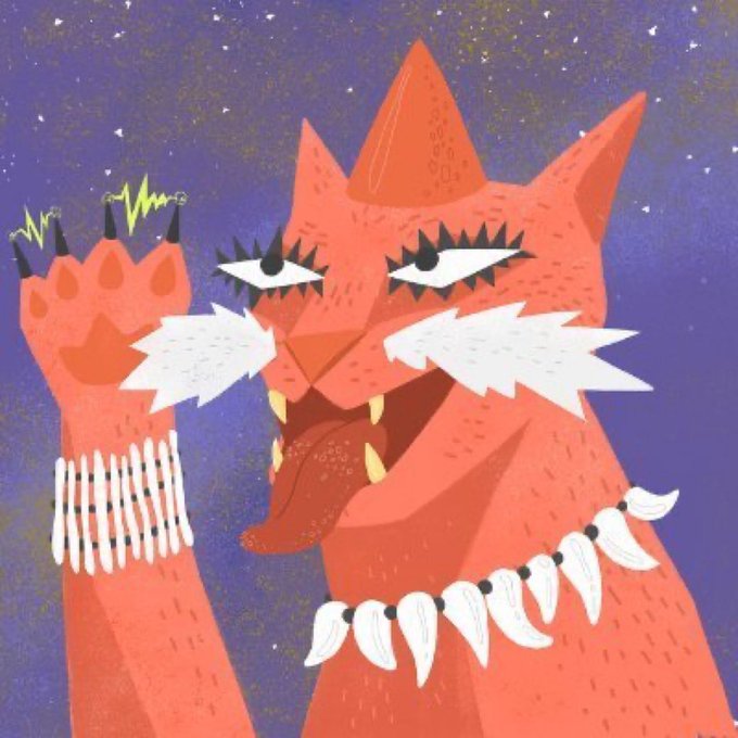 The image features a stylized red-orange cat-like creature with sharp claws raised, large eyes, a tongue out, and a tooth necklace against a starry purple background—matching the playful "Meewnft" branding referenced in the giveaway post. The illustration serves as NFT promotional artwork for a free mint giveaway by @Meewnft and @maxiorbit, requiring users to follow, like, repost, and drop their EVM wallet address to participate within 12 hours.