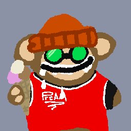 A pixel-art monkey puppet wearing an orange beanie, green sunglasses, and a red "PET" shirt holds a triple-scoop ice cream cone, matching the listing for an "ice cream beanie puppet" Ordinal listed at 0.01 BTC.