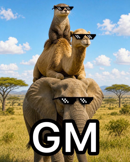 A stack of three animals—an otter on top, a camel in the middle, and an elephant at the base—all wearing pixelated "deal with it" sunglasses in a savanna setting, with "GM" displayed prominently at the bottom. The pun-filled post plays on each animal's name: "otterly outstanding" (otter), "hump day" (camel), and "GM FAM" for the crypto/morning greeting shown in the text.