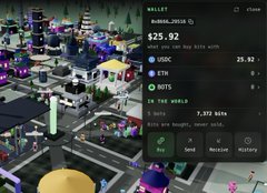 A low-resolution screenshot from the mobile game Decentraland showing a virtual cityscape with a wallet panel displaying $25.92 balance.