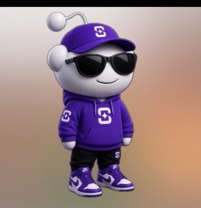 A 3D-rendered cartoon character, resembling the Reddit mascot, wears a purple cap, sunglasses, hoodie, and matching sneakers against a gradient background.