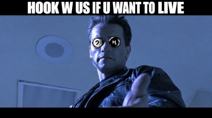 A meme image showing Arnold Schwarzenegger from the movie Terminator with altered eyes displaying '?H' symbols, with the text 'HOOK W US IF U WANT TO LIVE' at the top.