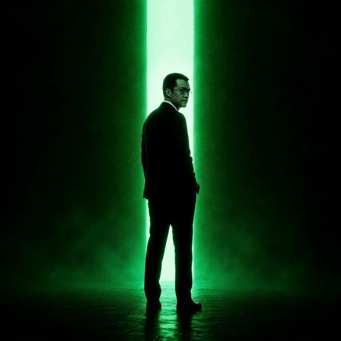 A silhouette of a man in a suit and glasses standing in front of a glowing green vertical slit of light in a dark, smoky environment, evoking a cinematic poster style.