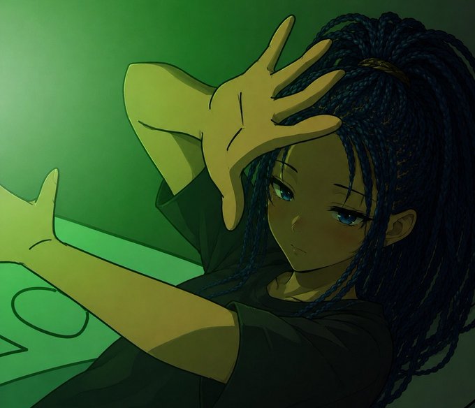 An anime-style digital illustration depicts a character with long dark blue dreadlocks and blue eyes, wearing a black shirt and posing with their hands in a green-lit environment.