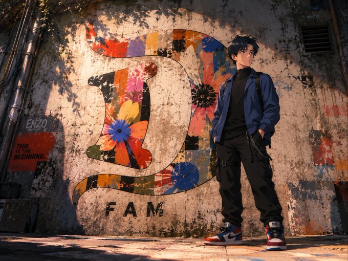 A stylish young man in a blue jacket and black pants stands confidently against a weathered wall adorned with vibrant, collage-style floral art forming the letters "FAM," alongside the text "ENZO" and "THIS IS THE BEGINNING." The image reflects the post's sentiment by showcasing artwork that blends real-world textures and artistic documentation, capturing the beginning of the artist's journey with @Frag_Growth.