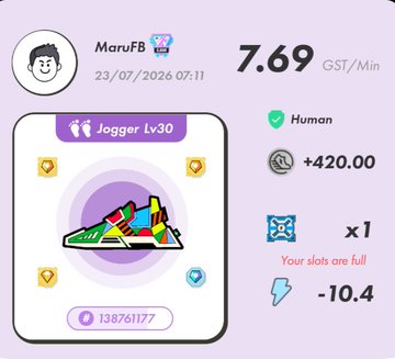 A STEPN game interface showing user 'MarufB' with a Jogger Lv30 sneaker, earning 7.69 GST/Min, +420.00 points, and -10.4 energy.