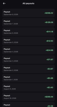 Screenshot of a mobile app showing 'All payouts' with multiple entries ranging from +$1.38 to +$269.22 in September 2026.