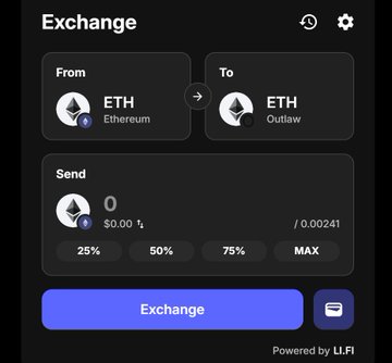 The image shows an exchange interface powered by LI.FI, where users can swap ETH on the Ethereum network for ETH on the Outlaw (Robinhood's L2) network, with the current amount shown as 0 and gas fees at $0.00. This visually supports the post's announcement that Robinhood has stealth-launched its L2 and can now be accessed via LI.FI for cross-chain bridging, similar to how Coinbase operates its Base L2.