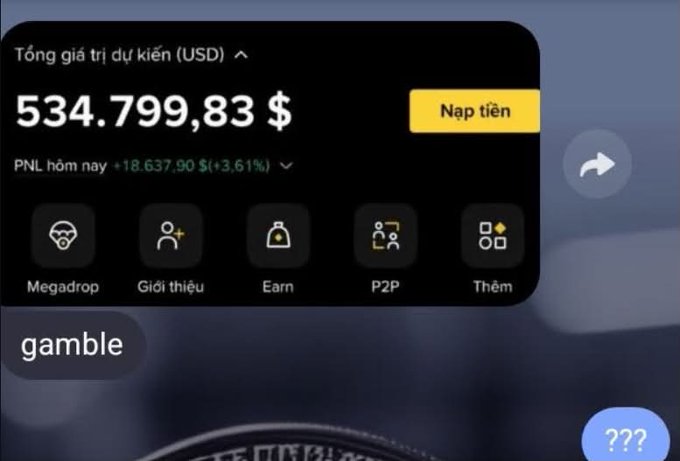 A screenshot showing a cryptocurrency portfolio value of $534,799.83 with a 24-hour PNL of +$18,637.90 (+3.61%), featuring icons for Megadrop, P2P, and Earn.