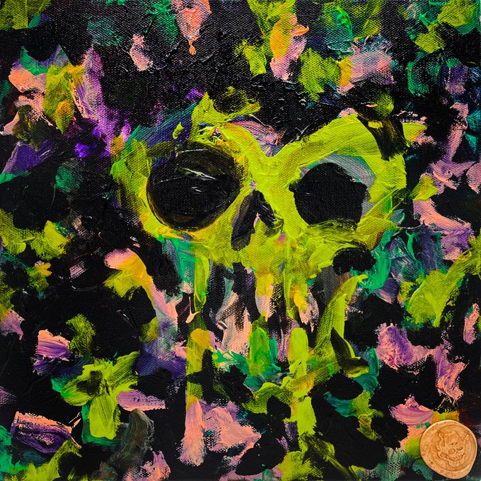 An abstract painting with a neon green skull-like face emerging from a chaotic background of black, pink, purple, and green brushstrokes, with a small gold coin visible in the bottom right corner.
