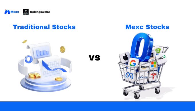 A promotional graphic by MEXC and Dekingweb3 comparing "Traditional Stocks" (depicted with a chart and coins) versus "Mexc Stocks" (shown as a shopping cart filled with logos of tech companies like Google, Amazon, Microsoft, Meta, and AMD).