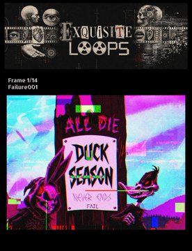 NFT artwork titled 'Exquisite Loops' Frame 1/14, featuring a vibrant pink and blue illustrated scene with the text 'ALL DIE DUCK SEASON' and 'NEW ONES FAZE'.