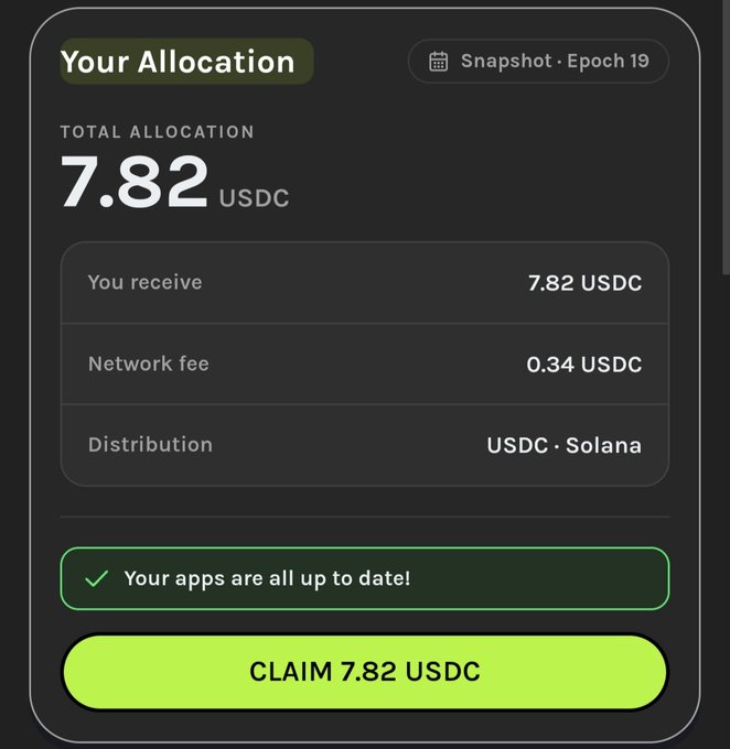 Screenshot showing a "Your Allocation" pop-up from a mystery box/airdrop app, displaying a total of 7.82 USDC to claim from Epoch 19, with a 0.34 USDC network fee and distribution via USDC on Solana, alongside a "CLAIM 7.82 USDC" button. The image relates to the post by illustrating the frustratingly small reward (~$7.82) after 108M points accumulated over 2 years, plus apparent claim errors mentioned by the user.