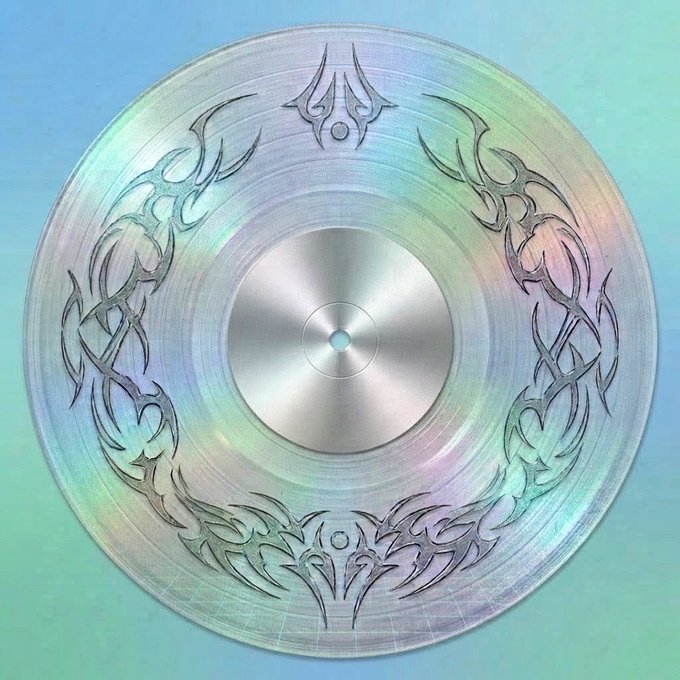 A circular metallic shield or disc featuring intricate silver tribal engravings and a polished chrome center, displayed against an iridescent pastel background.