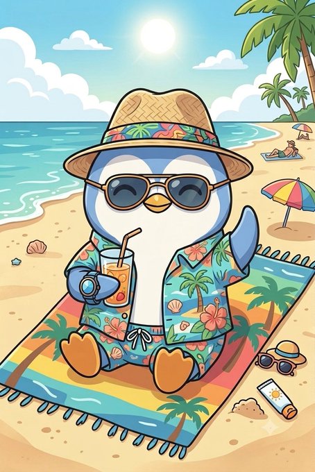 A cartoon penguin wearing a Hawaiian shirt, straw hat, and sunglasses holds a tropical drink while relaxing on a beach towel with palm trees and ocean in the background.