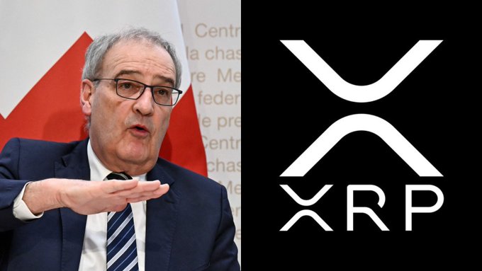 The image shows a man in a suit speaking in front of a red-and-white flag, alongside a black XRP logo with the text “XRP.” It supports the post’s claim about Swiss XRP investors potentially earning $1 million while paying $0 in capital gains tax.