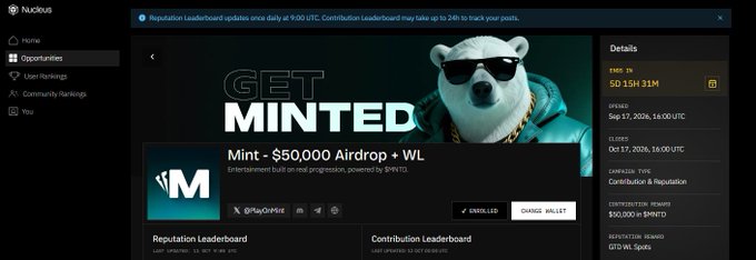 A webpage screenshot from 'Nucleus' advertising a 'Mint - $50,000 Airdrop + WL' campaign featuring a polar bear mascot and a 'GET MINTED' banner.