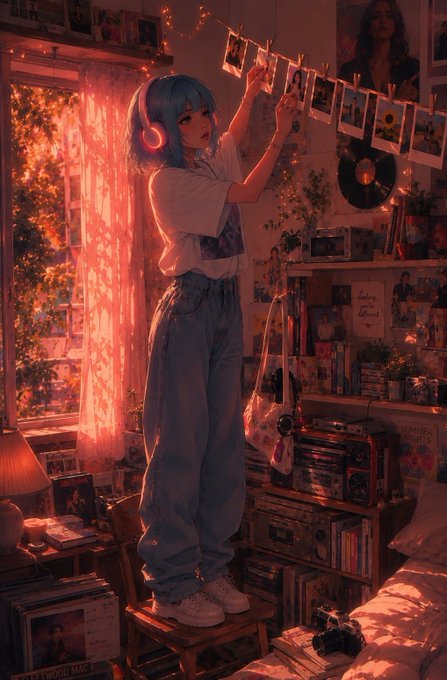 An anime-style illustration of a blue-haired girl wearing headphones and a white t-shirt, standing on a stool in a cozy, warmly lit room decorated with hanging polaroid photos and surrounded by books and a record player.