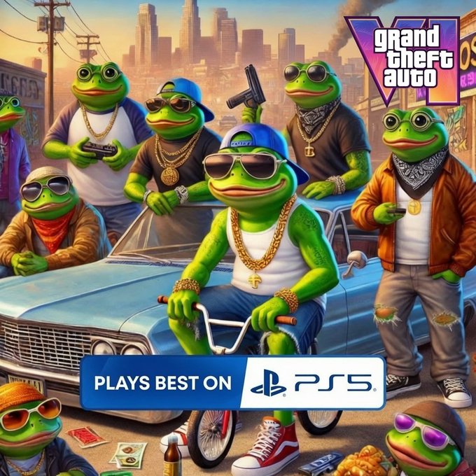 A parody video game cover featuring frogs dressed in gangster attire with gold chains, sunglasses, and weapons, styled like Grand Theft Auto VI with text reading "grand theft auto" and "PLAYS BEST ON PS5".