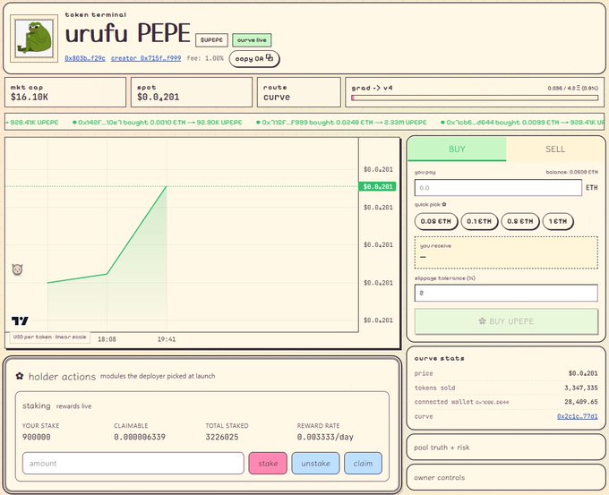 A screenshot of the "urufu PEPE" token terminal on a launchpad platform, showing a market cap of $16.10K, spot price of $0.0201, and a holder actions panel with an active staking module displaying 3226025 total staked tokens. The image illustrates the launchpad's drag-and-drop contract customization feature, as the creator added the staking module to their token's deployment.