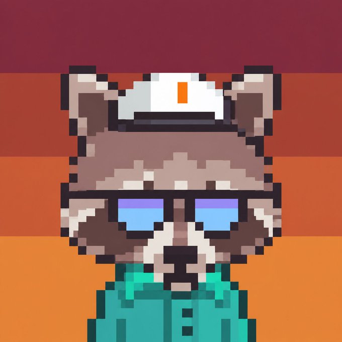 A pixel art raccoon character wearing a teal shirt, nurse-style cap, and reflective sunglasses is featured in the image. This stylized mascot visually represents the "Raccoon" NFT project referenced in the post, which describes a free mint collection of 1,337 pixel raccoons coming to Robinhood and OpenSea, with a 10% fee feeding a shared rewards bin split 70% equally among holders.