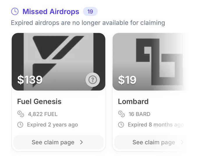 A screenshot showing 'Missed Airdrops' (19 expired), featuring two entries: 'Fuel Genesis' valued at $139 (4,822 FUEL, expired 2 years ago) and 'Lombard' valued at $19 (16 BARD, expired 8 months ago).