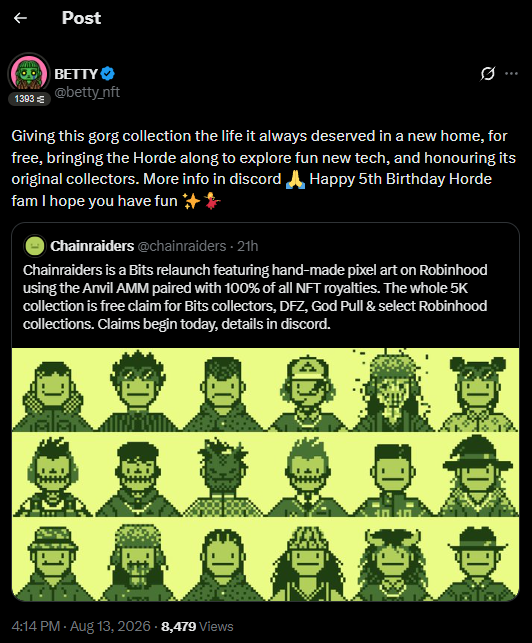 Betty (@betty_nft) shares a post celebrating Chainraiders' relaunch—a 5K hand-made pixel art collection on Robinhood using the Anvil AMM, offering free claims for Bits, DFZ, and God Pull holders. The tweet reflects ongoing NFT creation by showcasing the community-driven relaunch, tying into the idea that people will keep creating more NFTs like this pixel art tribute.