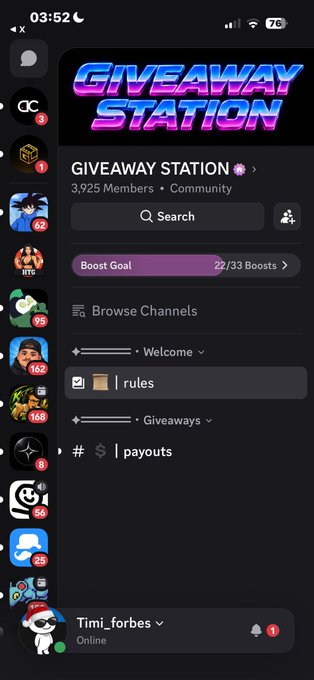 A mobile screenshot shows a Discord community server named 'GIVEAWAY STATION' with 3,925 members and various channels like 'rules' and 'payouts'.