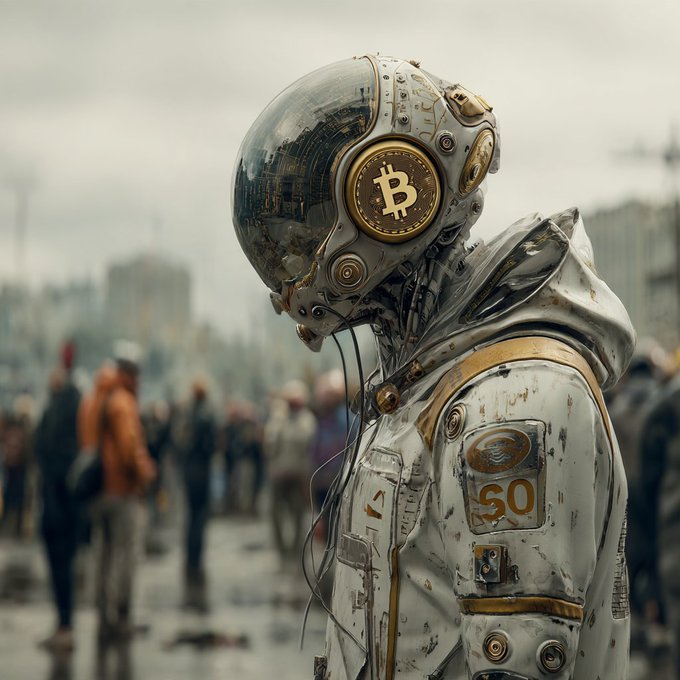 A weathered, futuristic astronaut or robot figure stands in a desolate, gray urban landscape, featuring a helmet with a prominent gold Bitcoin logo and the word 'SO' on its chest plate.
