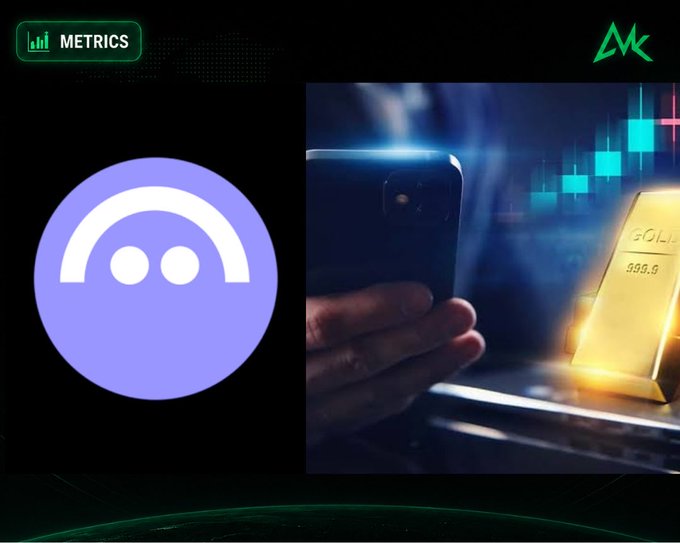A graphic featuring a purple 'METRICS' mascot/icon alongside an image of a hand holding a smartphone with gold bars and candlestick charts, suggesting a crypto/finance analysis service.