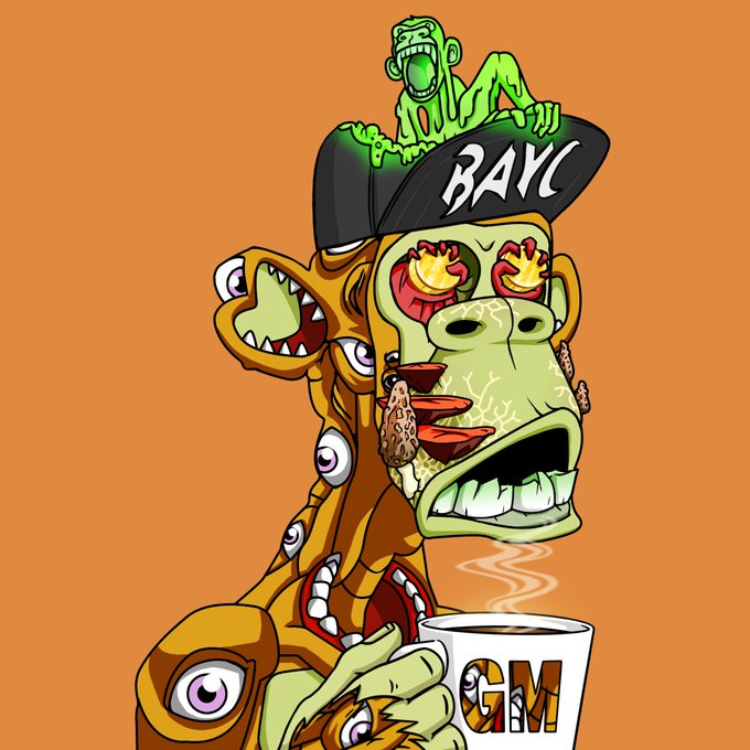 A cartoon illustration on an orange background features a green ape wearing a 'BAYC' cap emerging from a multi-mouthed creature, with a green goblin-like figure on top, while the ape holds a mug labeled 'GM'.