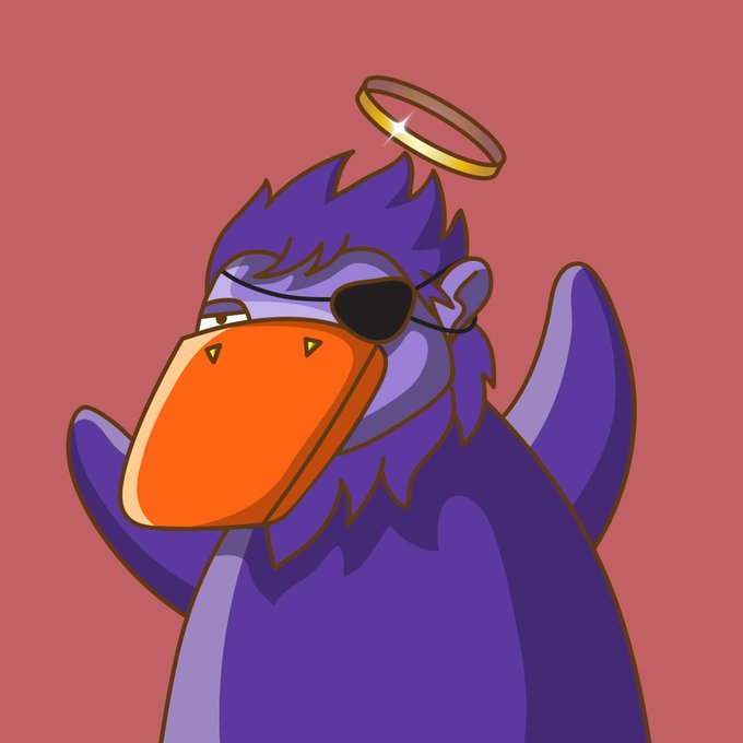 A purple bird-like character with an orange beak, wearing sunglasses and a golden halo above its head.