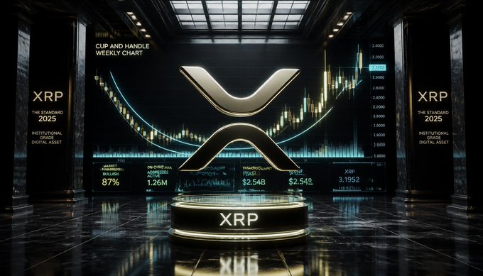 A futuristic display features a large XRP logo in the center, flanked by 'XRP THE STANDARD 2025' text, with a 'CUP AND HANDLE WEEKLY CHART' showing market data and metrics including an 87% figure and a $3.1952 price.