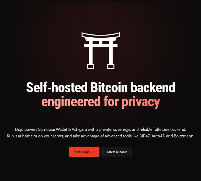 A promotional graphic for Dojo software, featuring a torii gate icon and the text 'Self-hosted Bitcoin backend engineered for privacy' along with 'Install Dojo' and 'Latest releases' buttons.