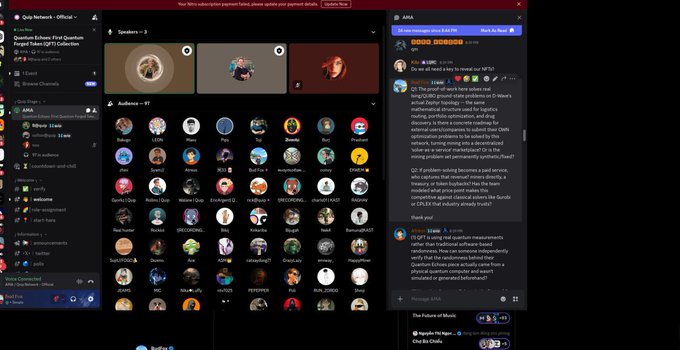 A Discord screenshot showing the 'Quantum Echoes' community, NFT galleries, and discussion about Quantum Solutions Inc. (QSI).