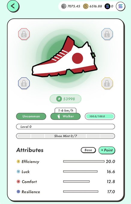 The image shows a shoe with red, white, and black colors displayed on a phone screen. The shoe appears to be a sneaker or athletic shoe, possibly from Japan. The phone's screen displays information about the shoe, including its attributes such as comfort, efficiency, and resilience. Additionally, there are three different types of shoes shown in the image: one red and white sneaker with a black sole, another red and white sneaker with a green sole, and a third red and white sneaker with a blue sole.