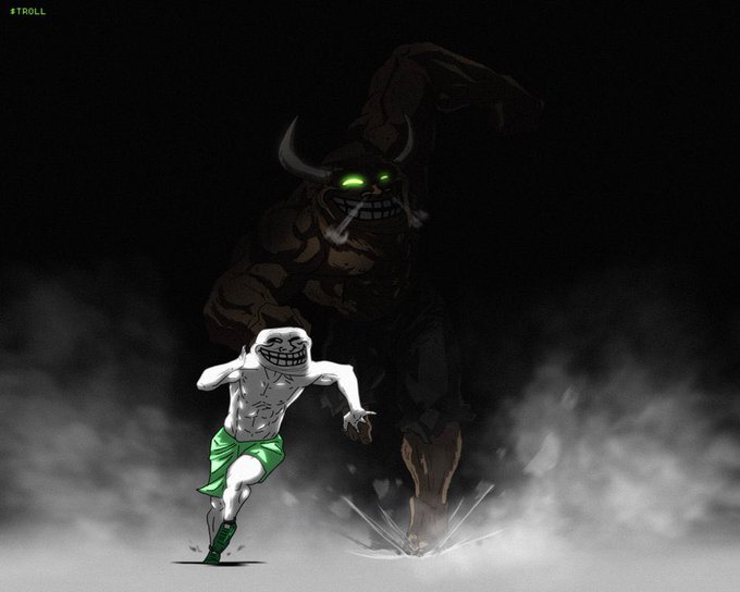 A mischievous meme figure in green shorts sprints away in fear from a towering, shadowy troll monster with glowing green eyes emerging from smoke. The "GTROLL" text in the corner and the troll imagery visually reinforce the post's theme about avoiding "troll" or scam projects—using the classic internet troll as a metaphor for rugpulls and exploitative launches that drain traders while memetokens flood the market.