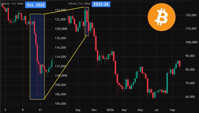 A Bitcoin/U.S. Dollar price chart from October 2025 through 2026 highlights a sharp sell-off labeled "Oct. 2025" where BTC plunged from ~$124,000 to ~$108,000, before recovering and climbing back to around $85,000 by September 2026—visually reinforcing the post's message that the historic liquidation event was just a temporary blip and that long-term holders were rewarded for staying the course without leverage.