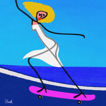 A stylized illustration of a blonde figure in a white dress skateboarding on a pink skateboard against a blue sky and ocean background.