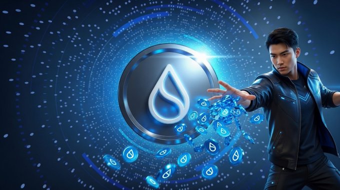 A man reaches toward a glowing SUI coin amid digital ripples, symbolizing the rapid expansion and momentum of the SUI Layer 1 blockchain ecosystem.