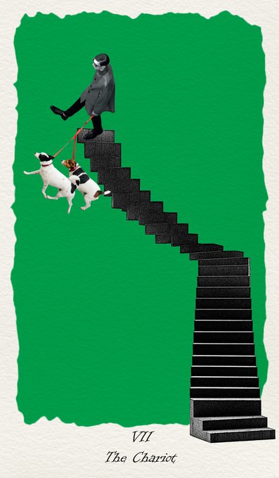 A tarot card-style illustration titled "VII The Chariot" showing a person leading two dogs up a steep, spiraling black staircase against a solid green background.