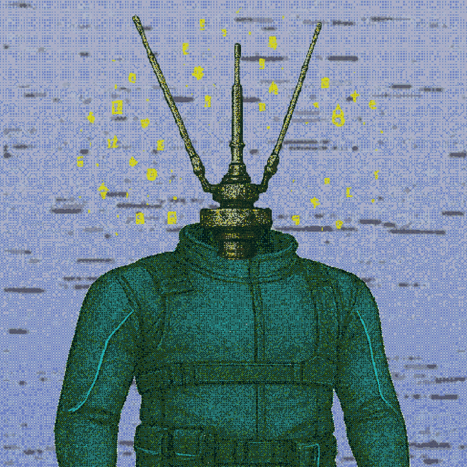 An illustration of a humanoid figure wearing a teal jacket with an ornate brass object featuring three antenna-like spikes in place of a head, set against a blue static background with yellow specks.