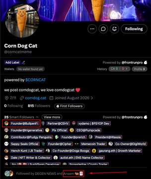 A screenshot of the X (formerly Twitter) profile page for "Corn Dog Cat" (@corncatmeme), a Solana meme coin powered by "CORNCAT," showing 7/11 following/followers stats, 815 followers and 1 First Follower, with a banner featuring a corn dog eating ice cream and a bio reading "we post corn dog cat, we love corn dog cat." A red arrow at the bottom highlights that the account is followed by Ansem (@blknoiz06), supporting the post's claim that Ansem has begun following the new Solana meme token $CORNCAT.