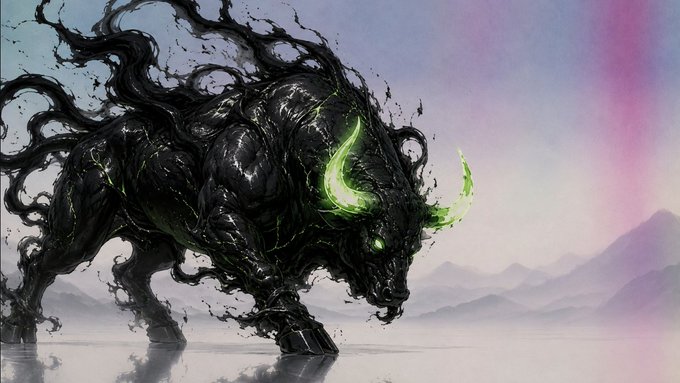 Digital artwork of a dark, shadowy bull-like creature with glowing green horns standing in a misty landscape with mountains and a rainbow in the background.