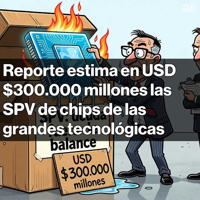 A cartoon illustration with Spanish text overlay reading 'Reporte estima en USD $300.000 millones las SPV de chips de las grandes tecnológicas,' depicting a man pulling burning computer chips from a box labeled 'USD $300.000 millones'.