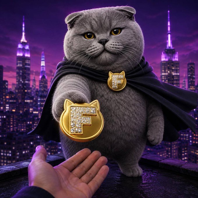 A regal gray cat wearing a cape adorned with a diamond-encrusted "$FATCAT" emblem extends a gold "$F" coin toward a hand against a purple city skyline, perfectly embodying the post's playful vibe of going all-in on the $FATCAT token chasing a 10x pump.