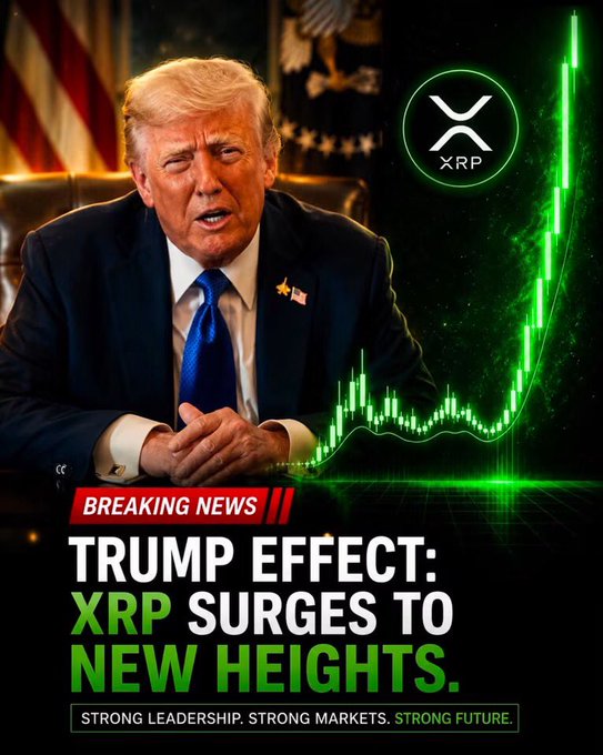 This image shows Donald Trump with the XRP logo and a green stock chart, suggesting a "Trump Effect" on XRP surging to new heights, aligning with the post about the Crypto Clarity Act and upcoming news.