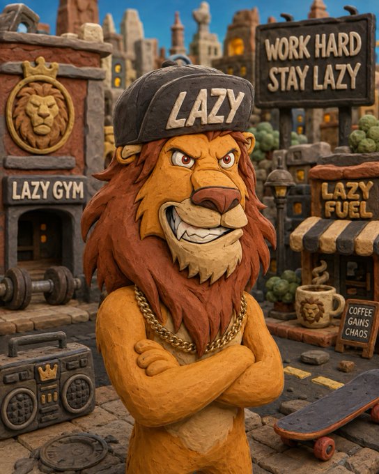A stylized claymation-style anthropomorphic lion wearing a "LAZY" cap and gold chain stands with crossed arms in a detailed urban scene, surrounded by signs reading "WORK HARD STAY LAZY," "LAZY GYM," "LAZY FUEL," and "COFFEE GAINS CHAOS." The image visually embodies the Lazy Lions NFT brand's laid-back yet bold aesthetic, reinforcing the motto with thematic props like a skateboard, boombox, and barbell.