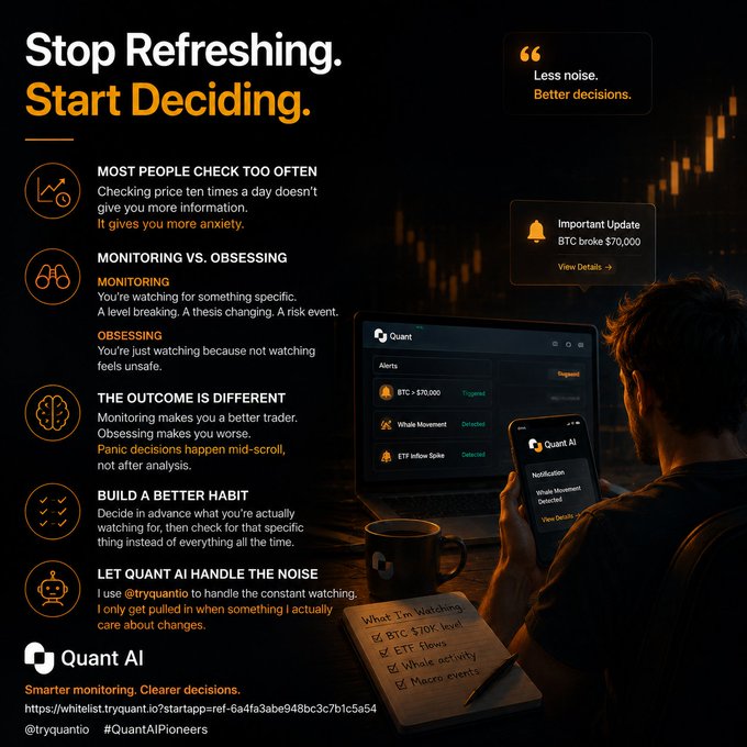 A promotional poster for 'Quant AI' with the headline 'Stop Refreshing. Start Deciding.' and a whitelist link, showing a person using the app on multiple devices.