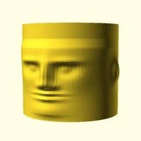 A yellow 3D model of a cylindrical object featuring a stylized human face on its surface, displayed against a white background.